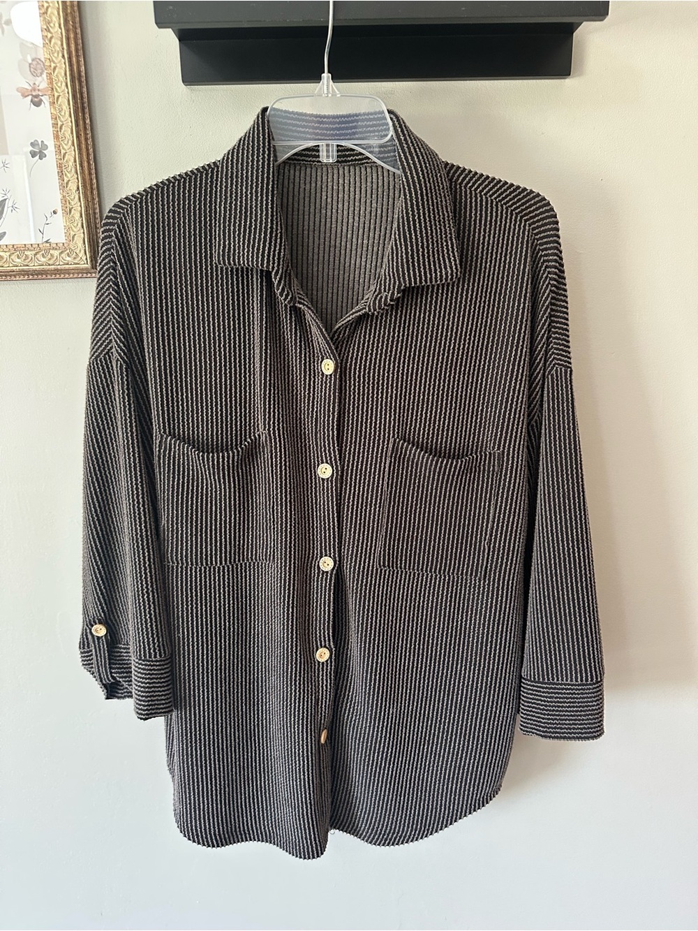 Women’s Black and gray Striped Button-Up Shirt